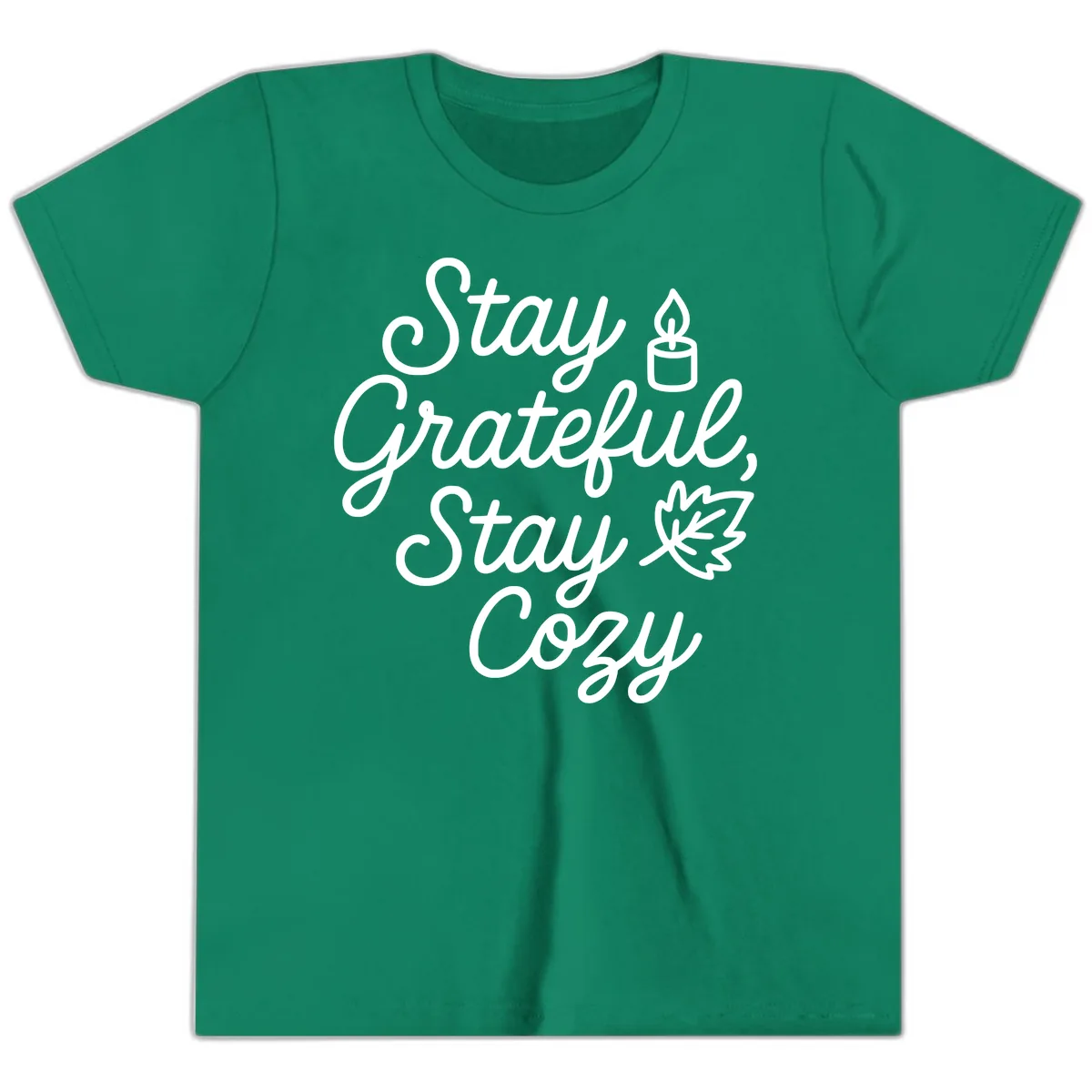 Stay Grateful Stay Cozy Fall Phrase Youth T-Shirt in Kelly