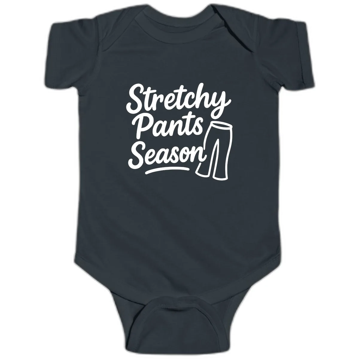 Stretchy Pants Season Typography Baby Onesie in Black