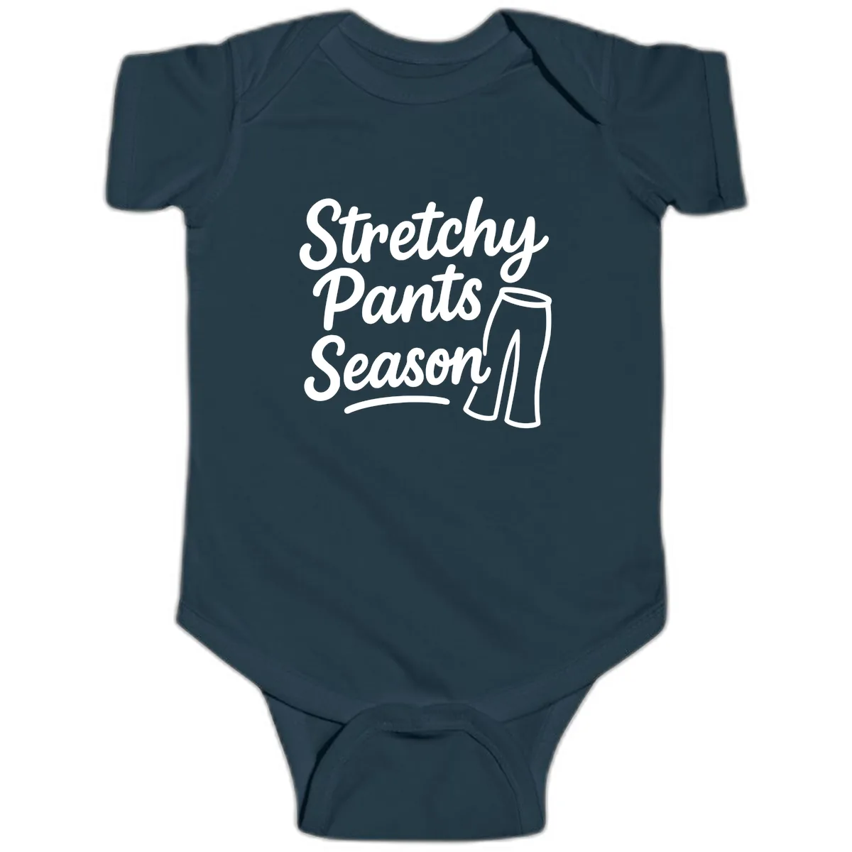 Stretchy Pants Season Typography Baby Onesie in Navy