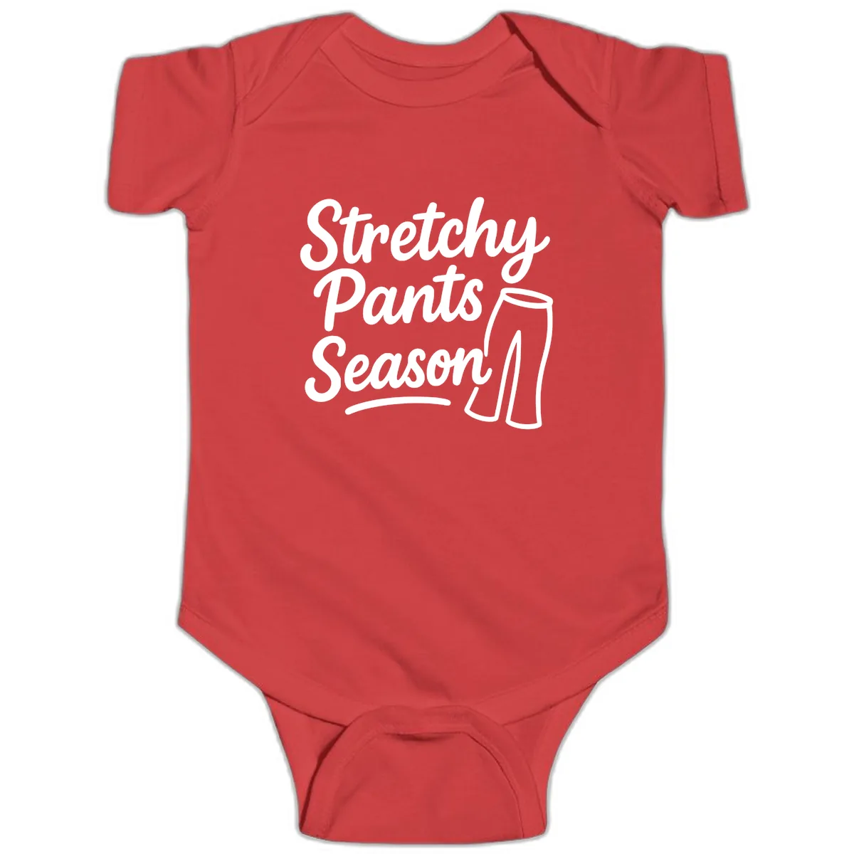 Stretchy Pants Season Typography Baby Onesie in Red