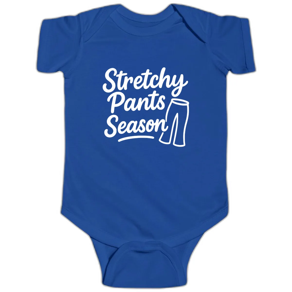 Stretchy Pants Season Typography Baby Onesie in Royal