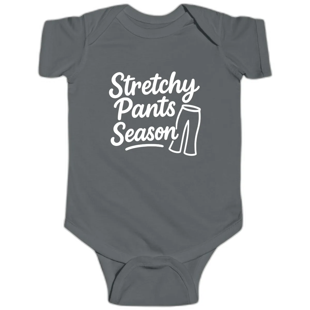 Stretchy Pants Season Typography Baby Onesie in Charcoal