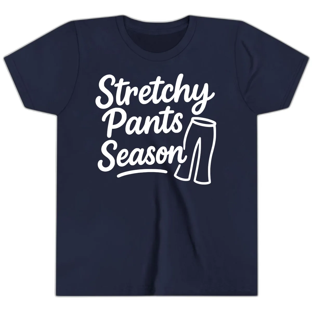Stretchy Pants Season Typography Youth T-Shirt in Navy