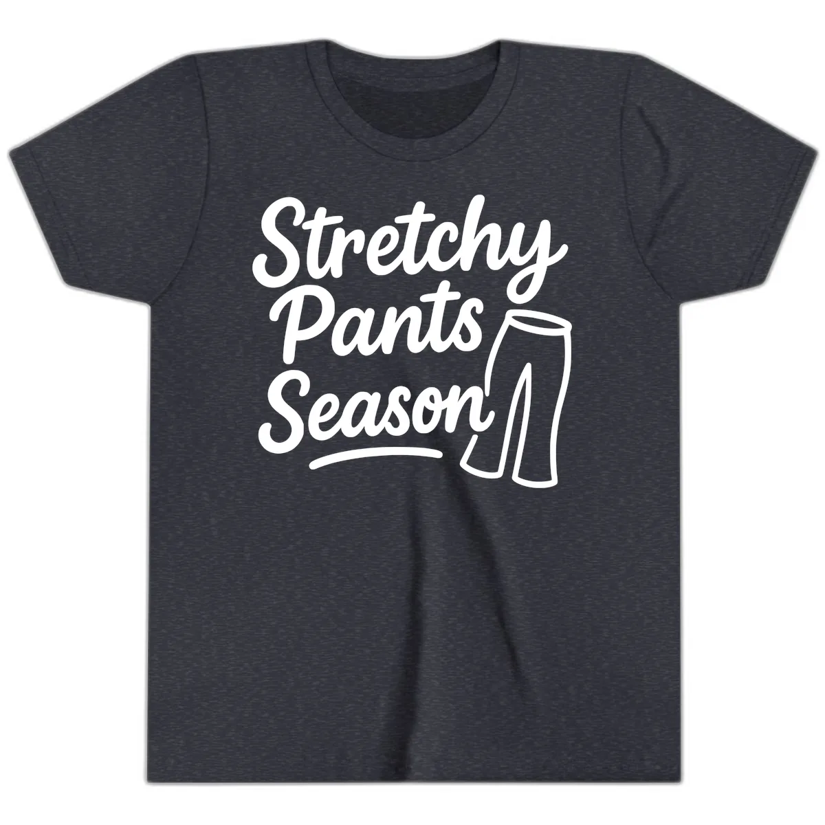 Stretchy Pants Season Typography Youth T-Shirt in Heather Navy