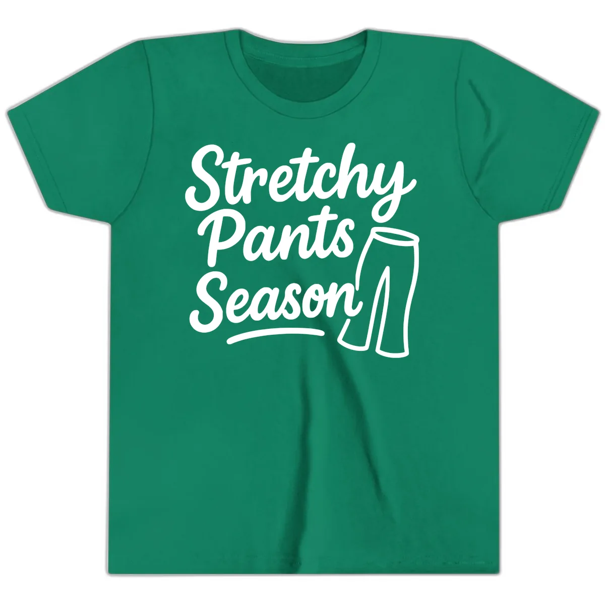 Stretchy Pants Season Typography Youth T-Shirt in Kelly