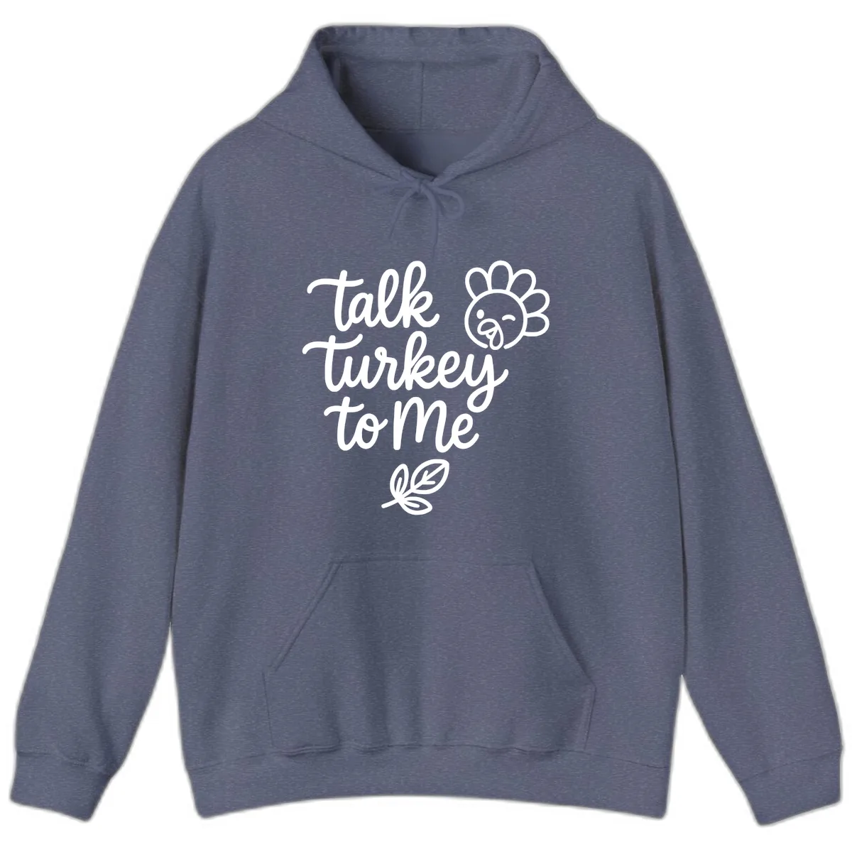 Talk Turkey To Me Thanksgiving Phrase Hoodie in Heather Navy
