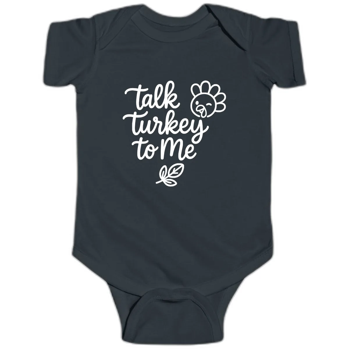 Talk Turkey To Me Thanksgiving Phrase Baby Onesie in Black