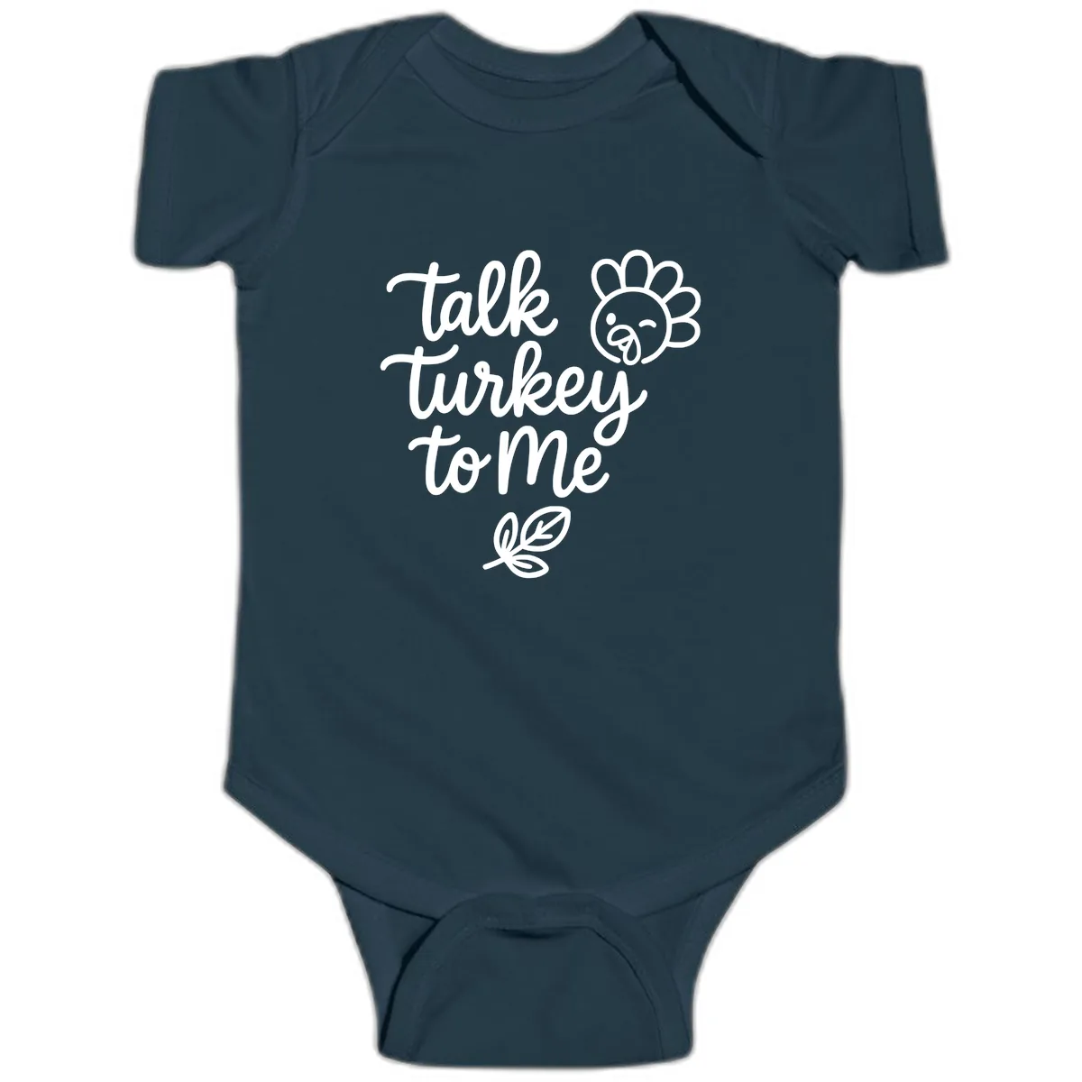 Talk Turkey To Me Thanksgiving Phrase Baby Onesie in Navy