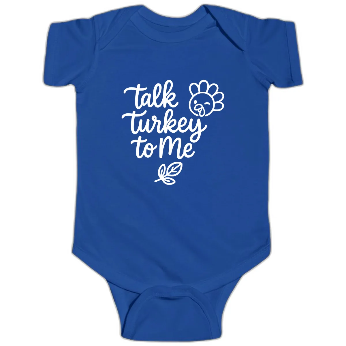 Talk Turkey To Me Thanksgiving Phrase Baby Onesie in Royal