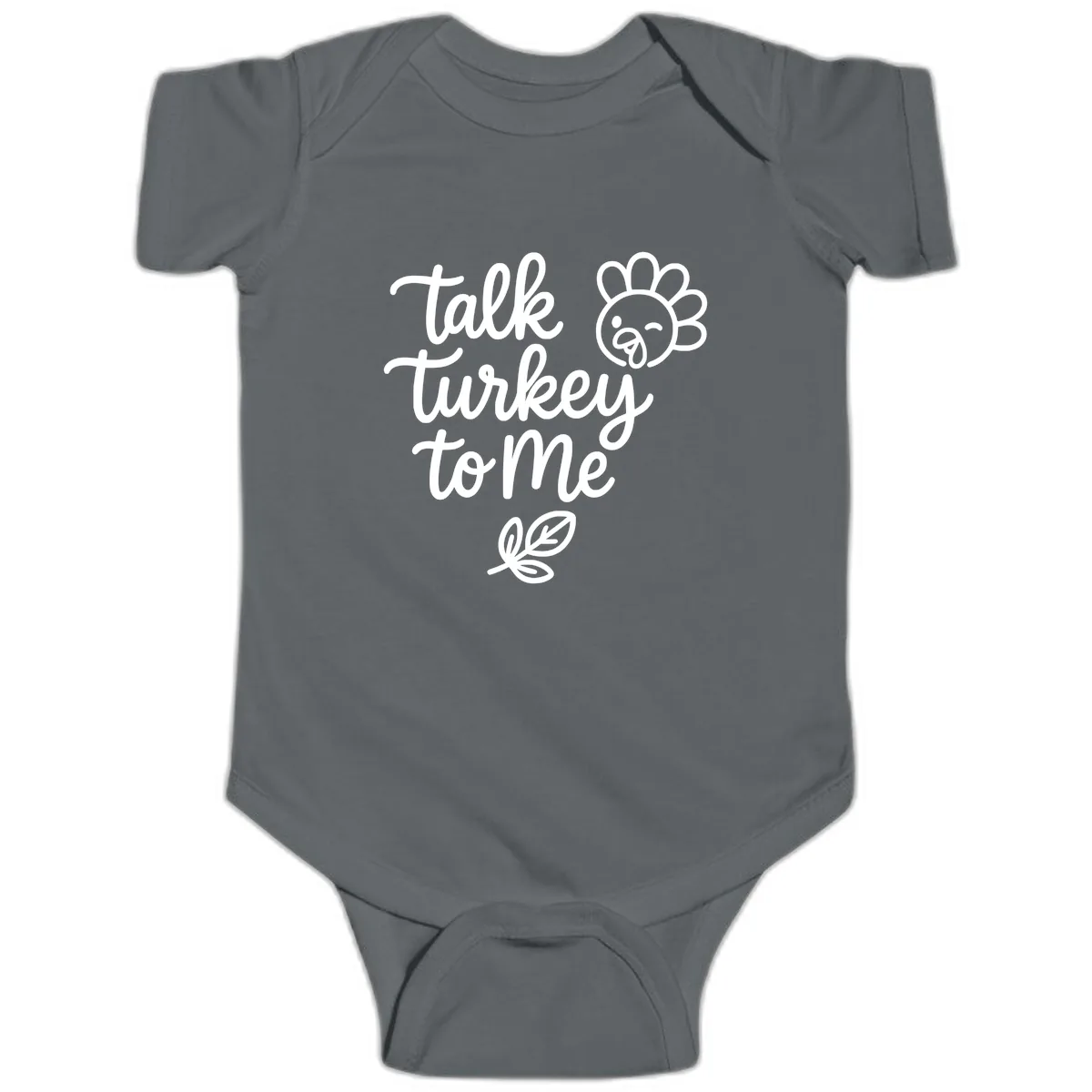 Talk Turkey To Me Thanksgiving Phrase Baby Onesie in Charcoal