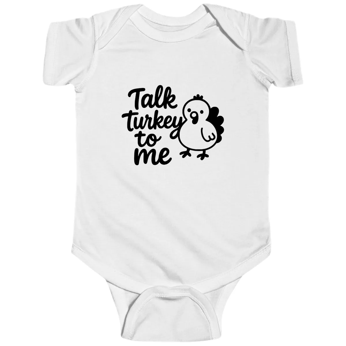 Talk Turkey To Me Thanksgiving Graphic Baby Onesie in White