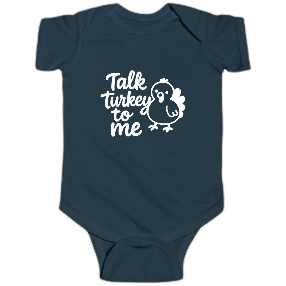 Talk Turkey To Me Thanksgiving Graphic Baby Onesie in Navy