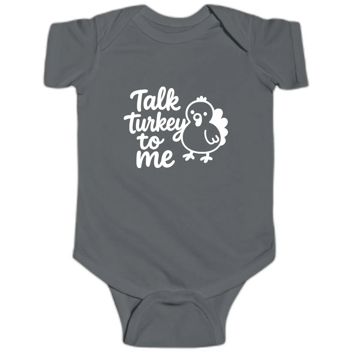Talk Turkey To Me Thanksgiving Graphic Baby Onesie in Charcoal