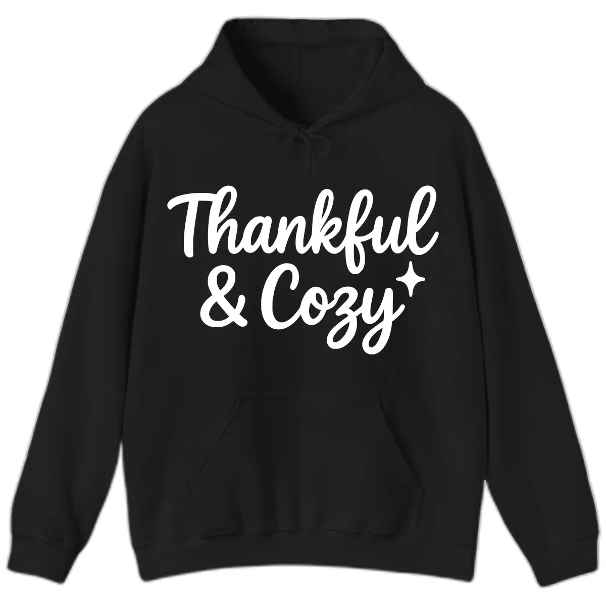 Thankful And Cozy Script Design Hoodie in Black