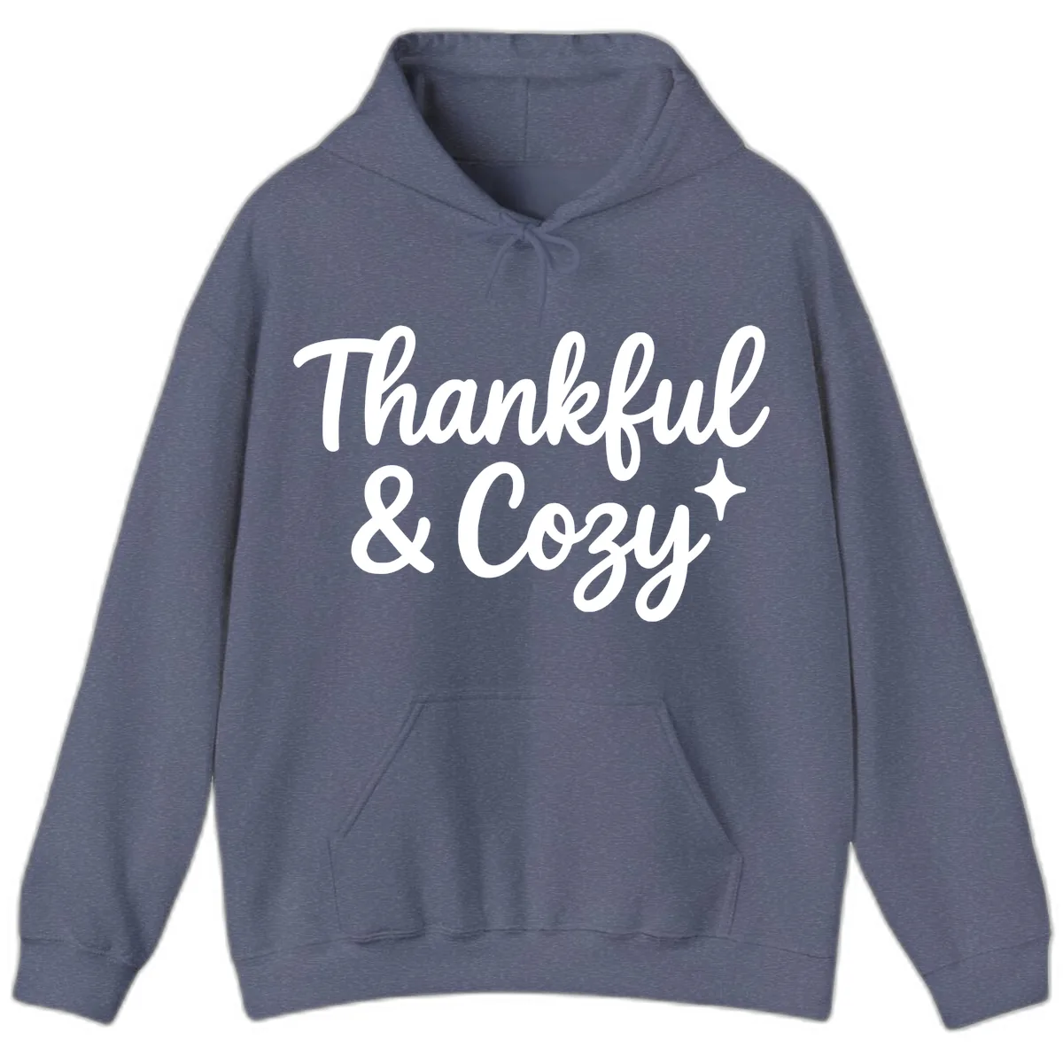 Thankful And Cozy Script Design Hoodie in Heather Navy