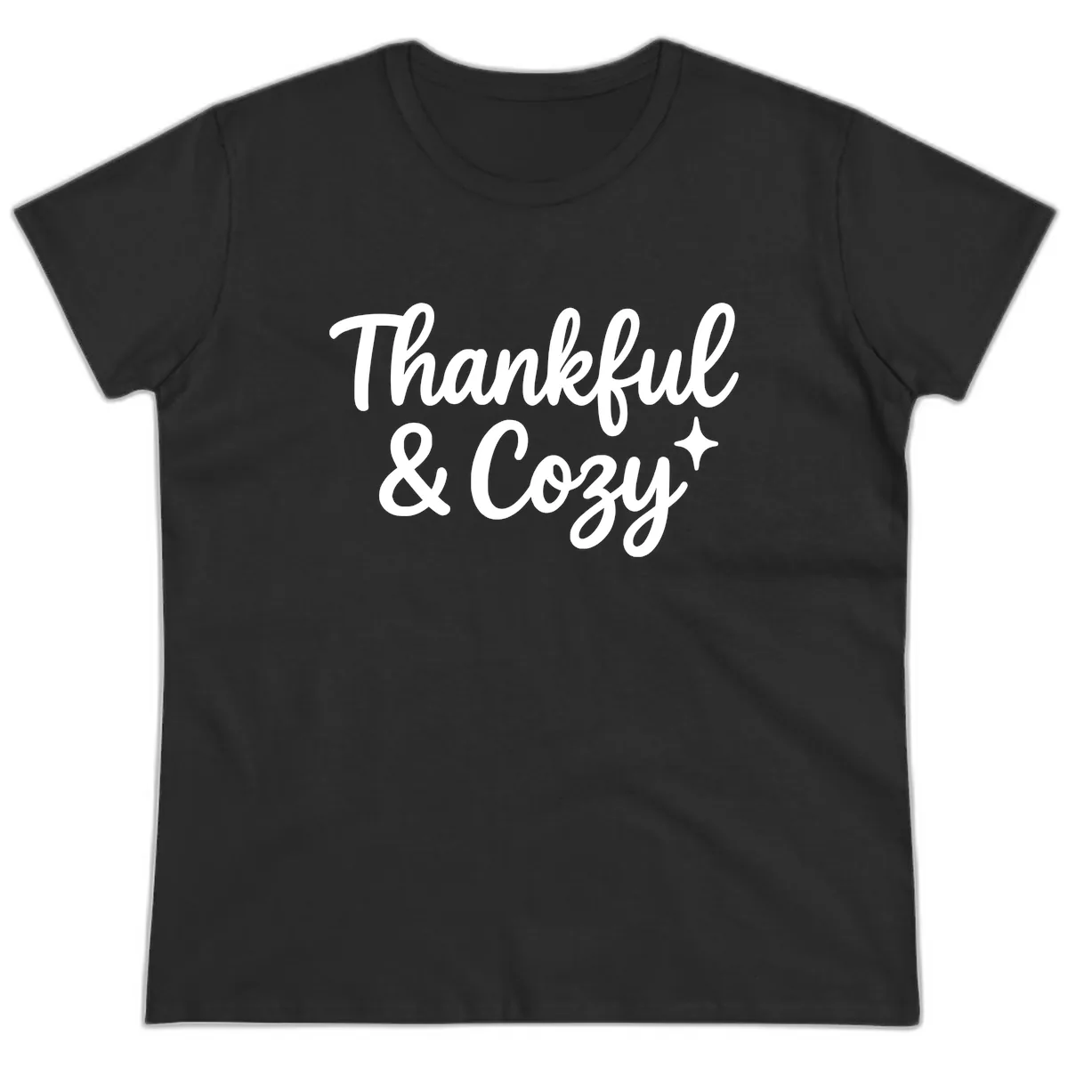 Thankful And Cozy Script Design Ladies Tee in Black