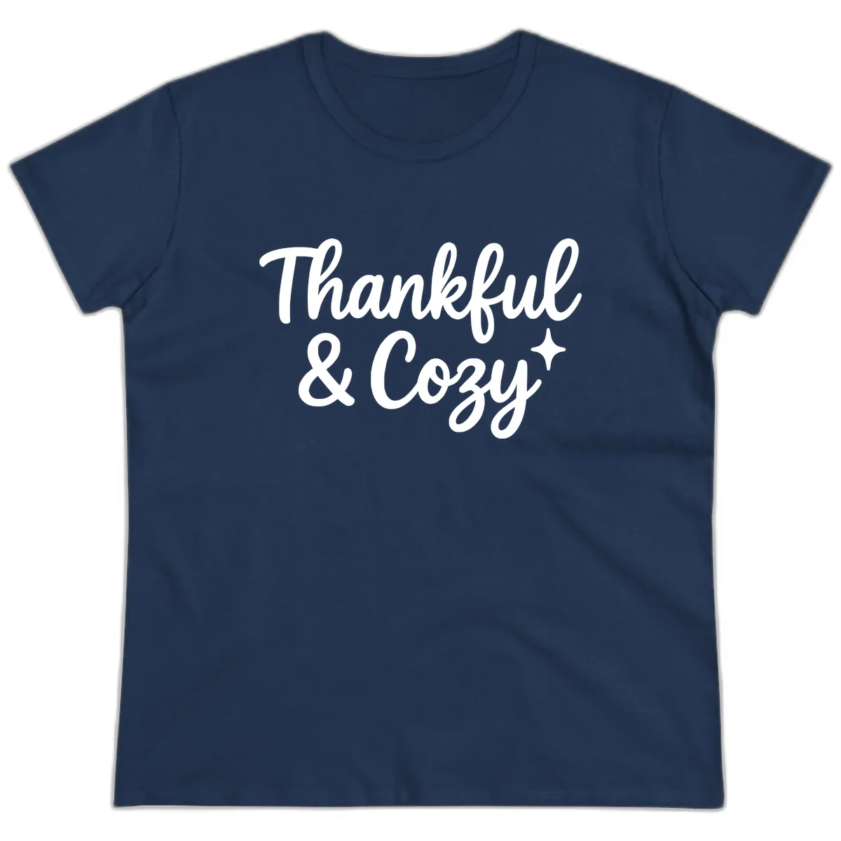 Thankful And Cozy Script Design Ladies Tee in Navy