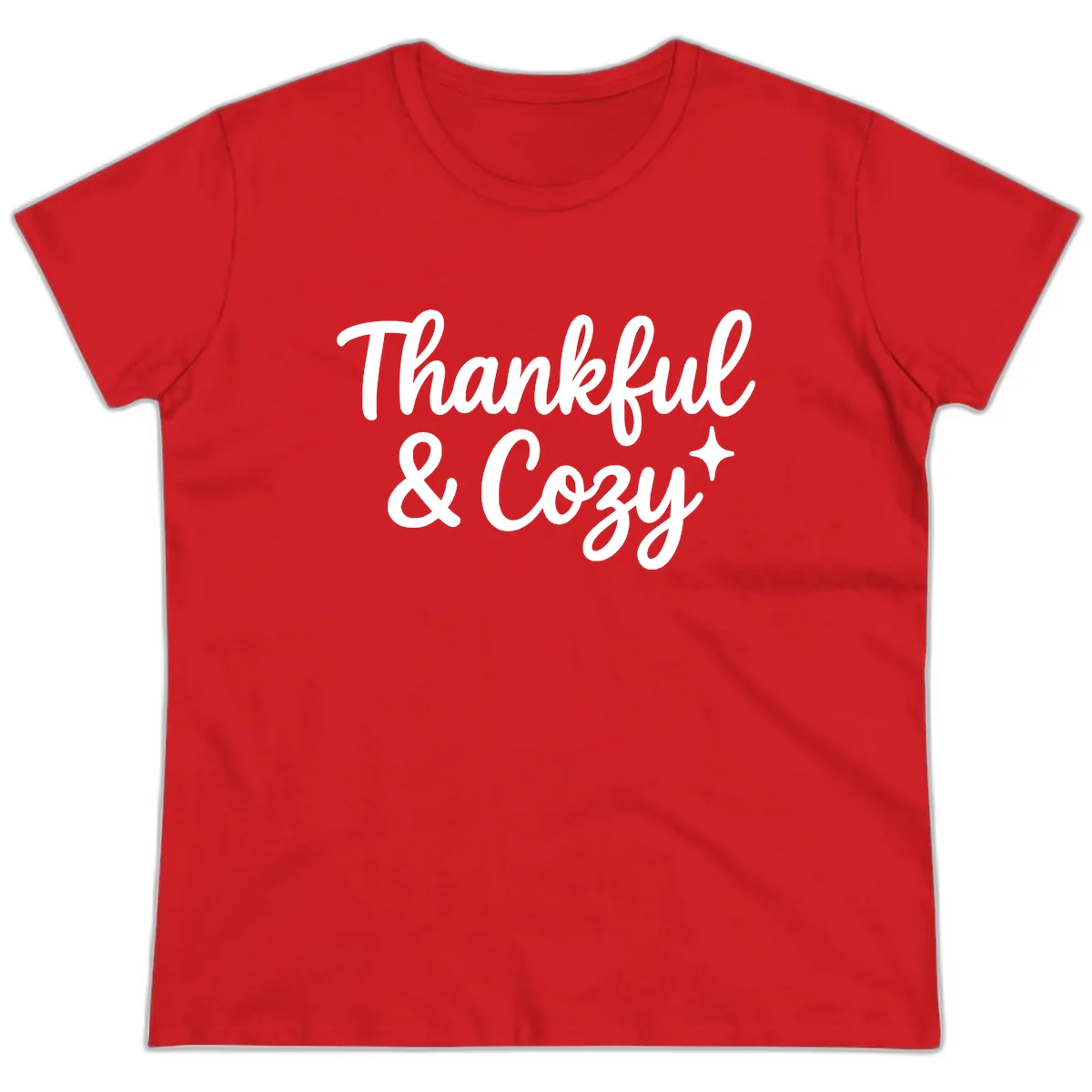 Thankful And Cozy Script Design Ladies Tee in Red