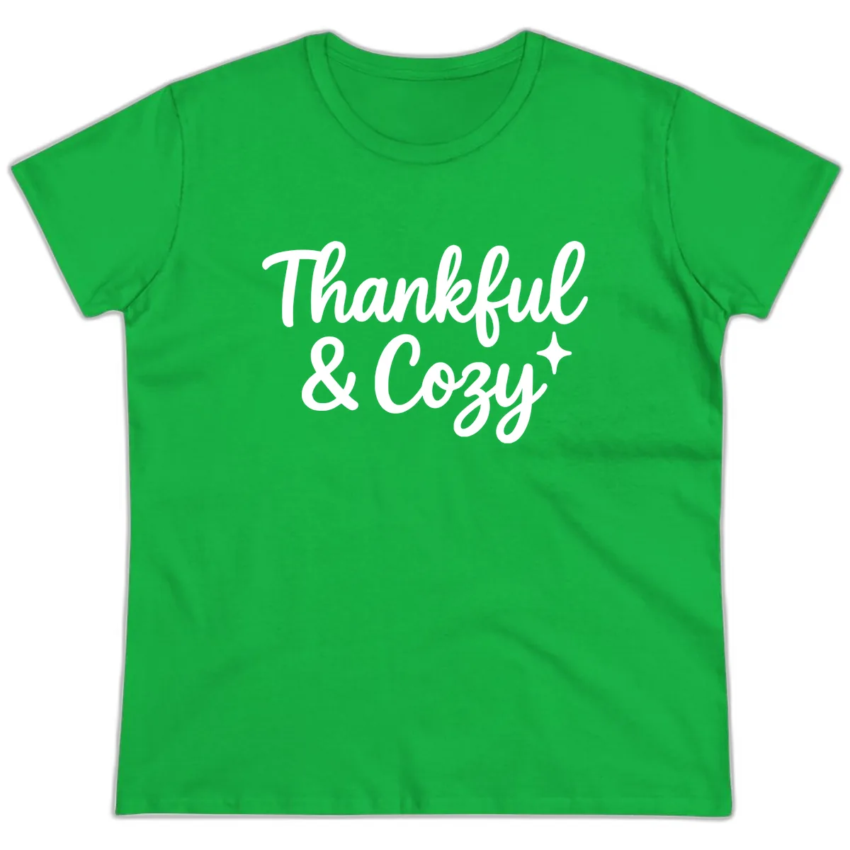 Thankful And Cozy Script Design Ladies Tee in Irish Green