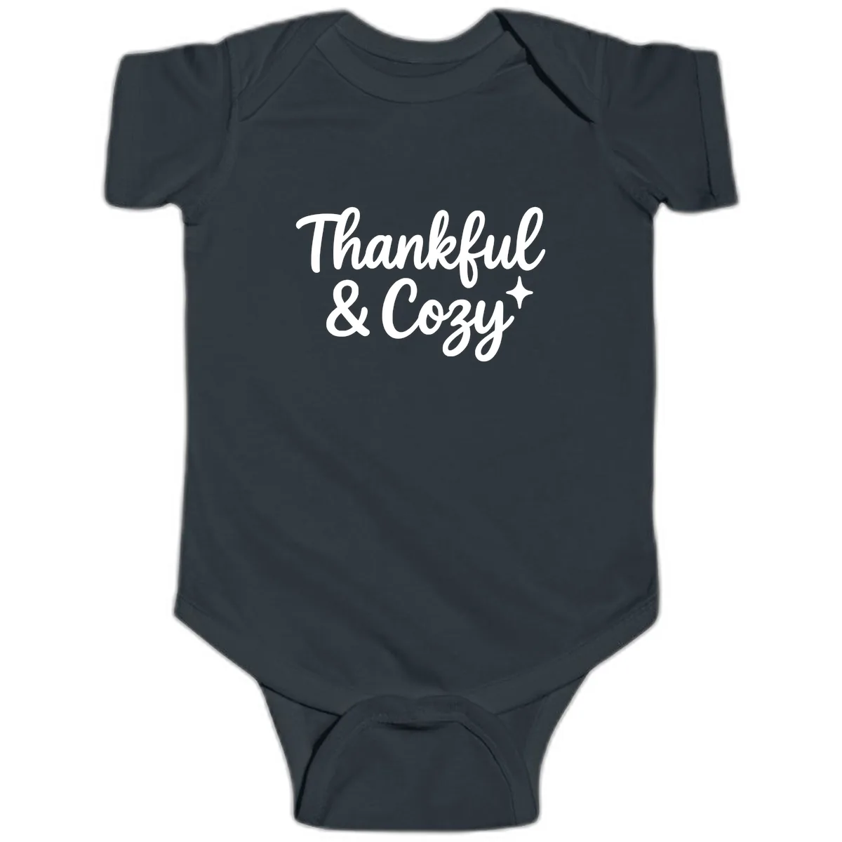 Thankful And Cozy Script Design Baby Onesie in Black