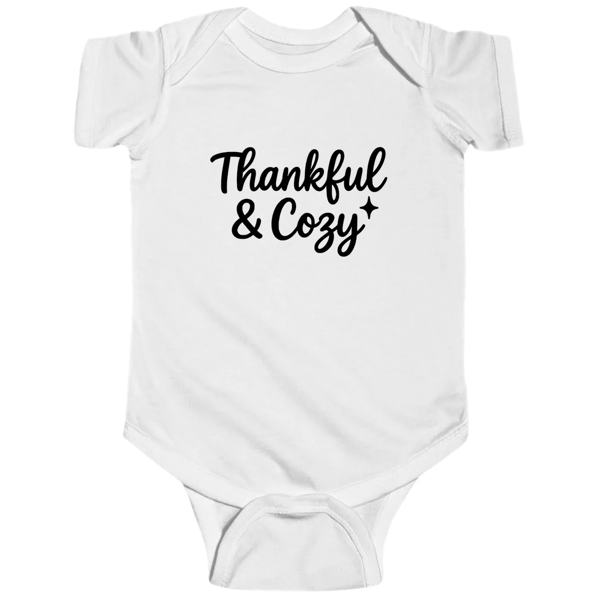 Thankful And Cozy Script Design Baby Onesie in White