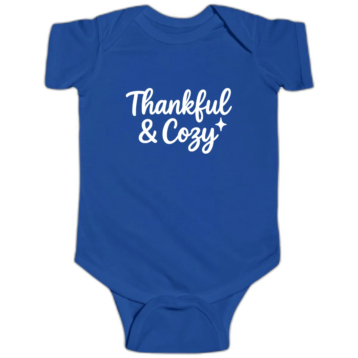 Thankful And Cozy Script Design Baby Onesie in Royal