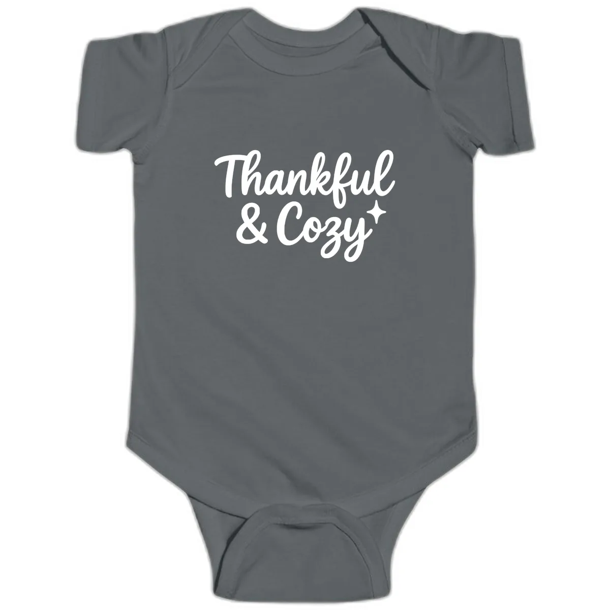 Thankful And Cozy Script Design Baby Onesie in Charcoal