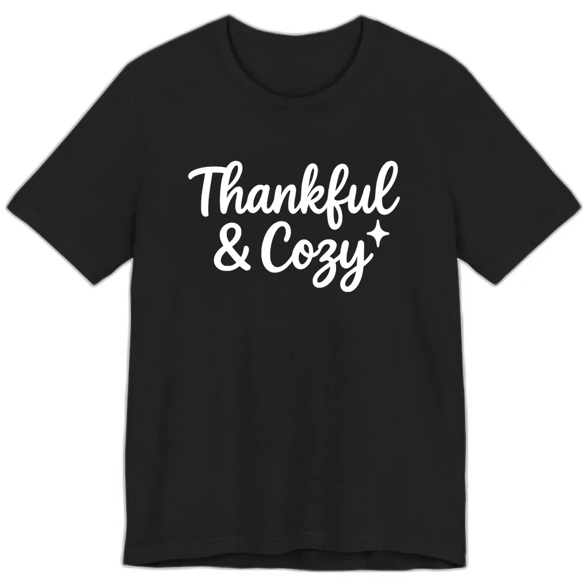 Thankful And Cozy Script Design Premium T-Shirt in Black