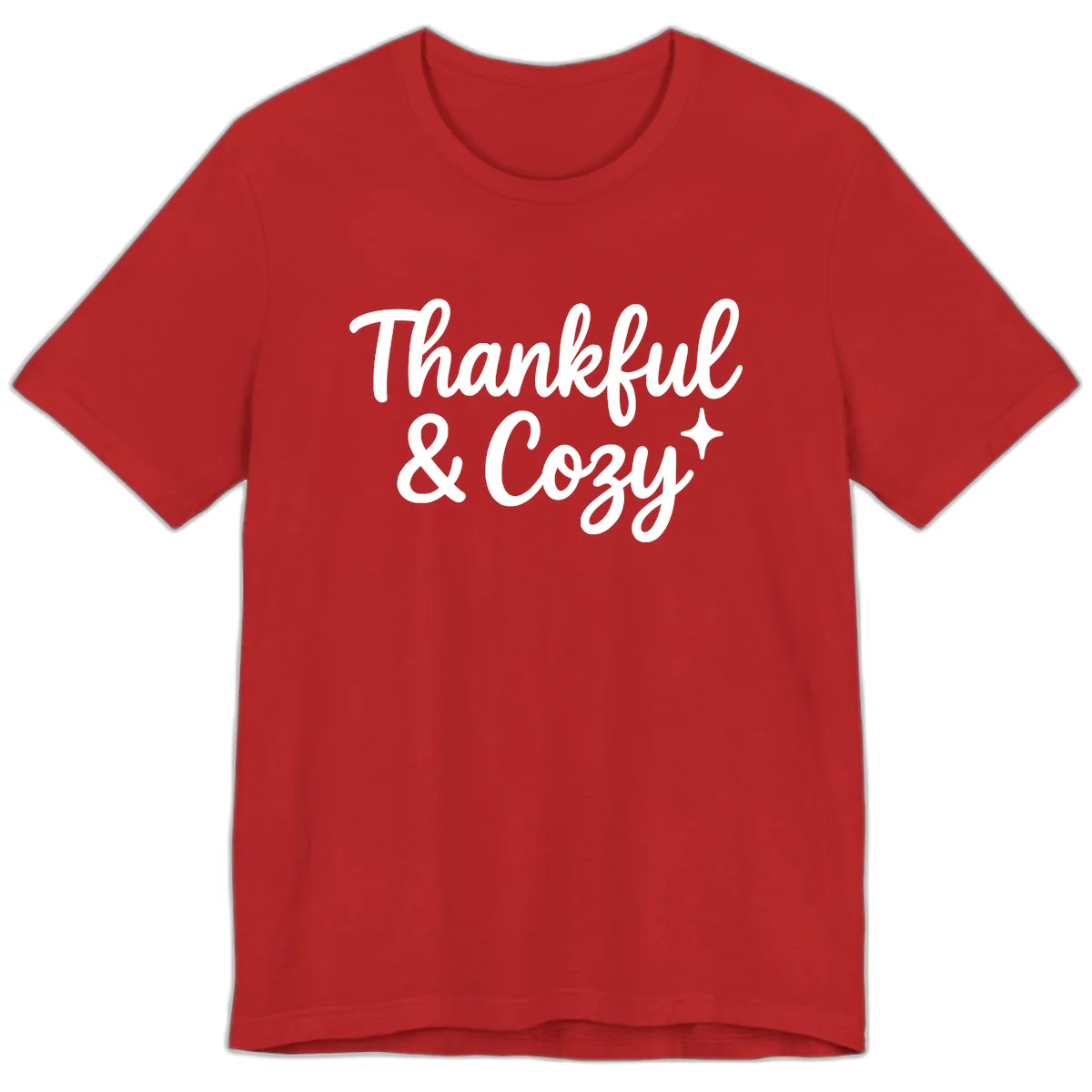 Thankful And Cozy Script Design Premium T-Shirt in Red