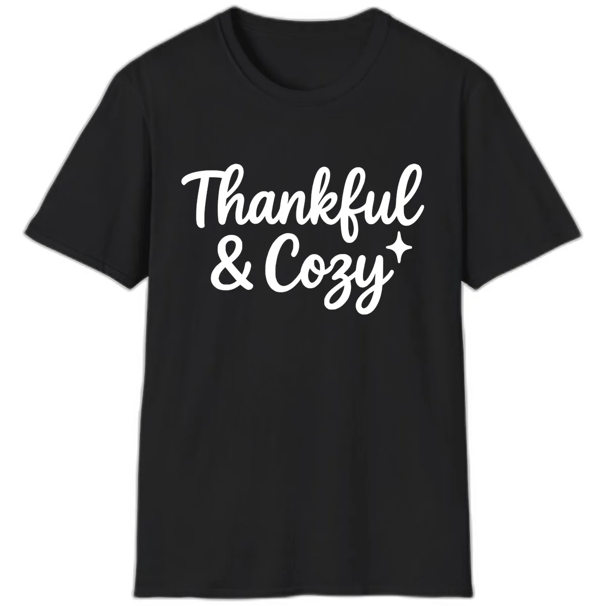 Thankful And Cozy Script Design T-Shirt in Black