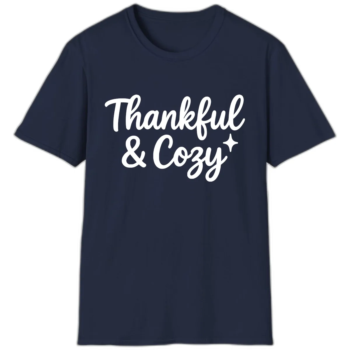 Thankful And Cozy Script Design T-Shirt in Navy