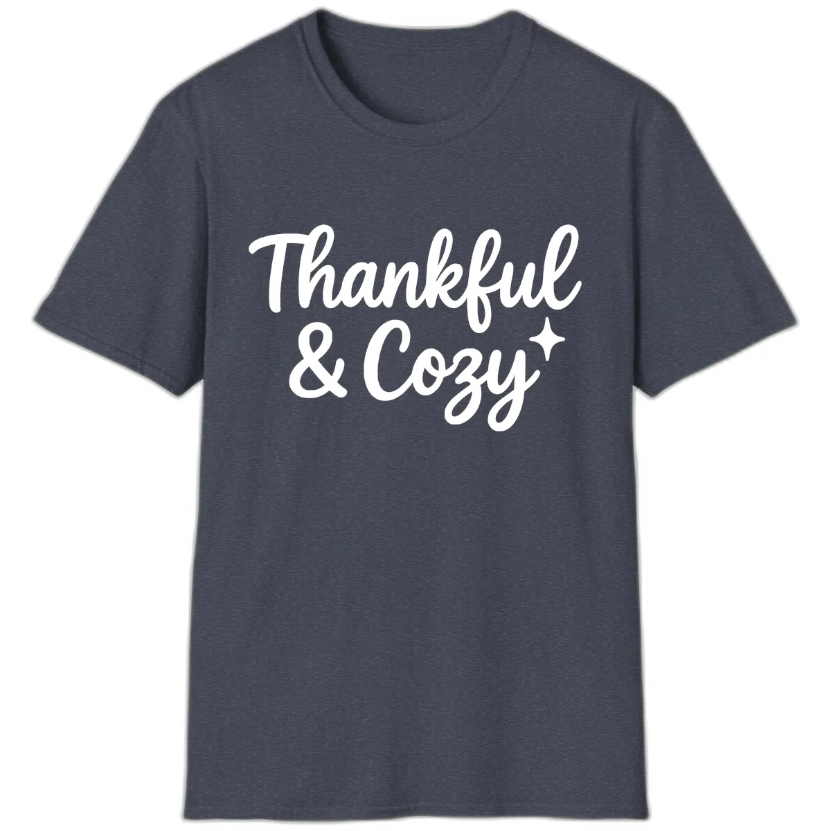 Thankful And Cozy Script Design T-Shirt in Heather Navy