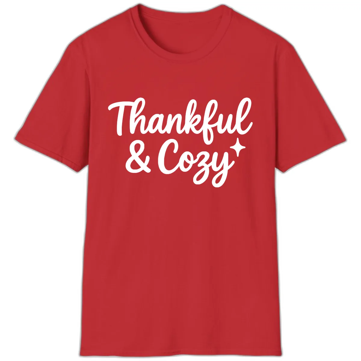 Thankful And Cozy Script Design T-Shirt in Red