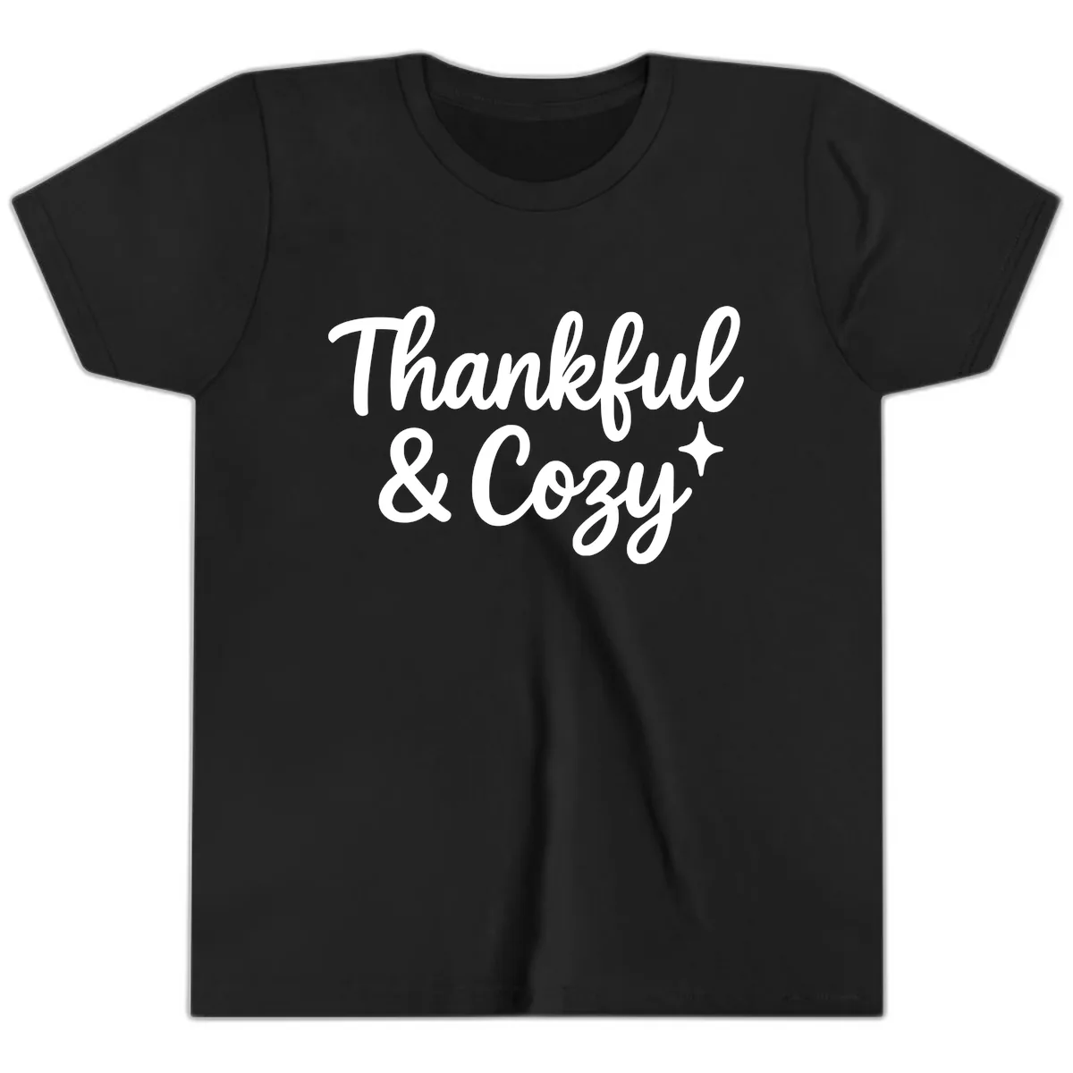 Thankful And Cozy Script Design Youth T-Shirt in Black