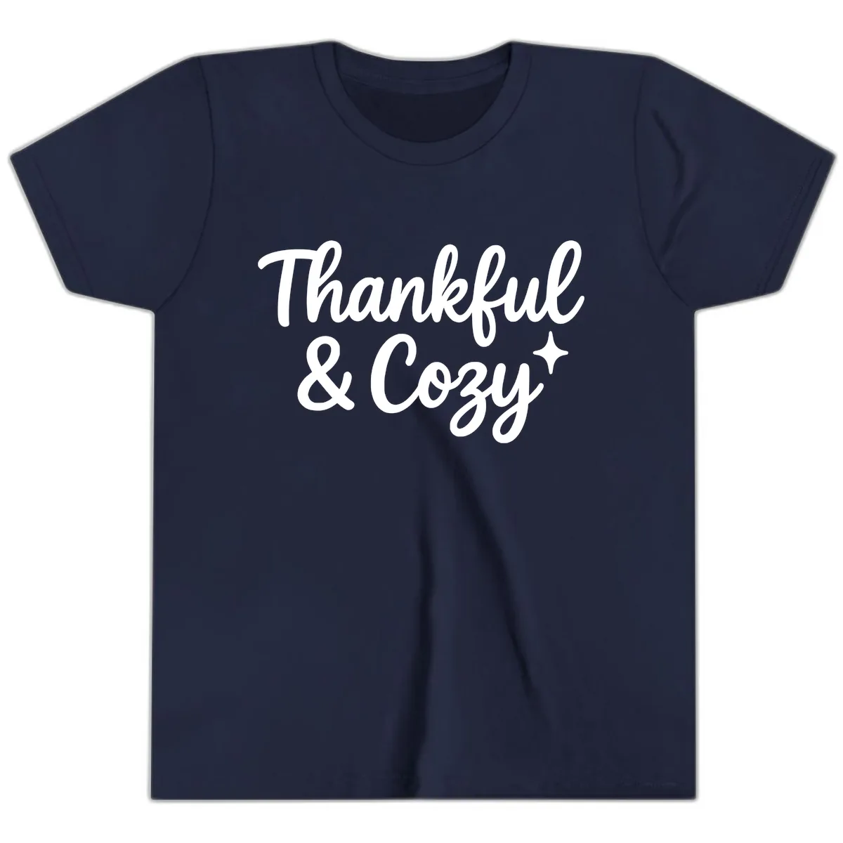 Thankful And Cozy Script Design Youth T-Shirt in Navy