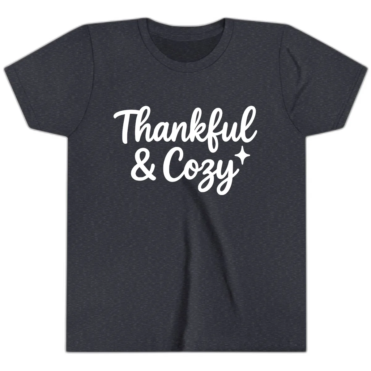 Thankful And Cozy Script Design Youth T-Shirt in Heather Navy