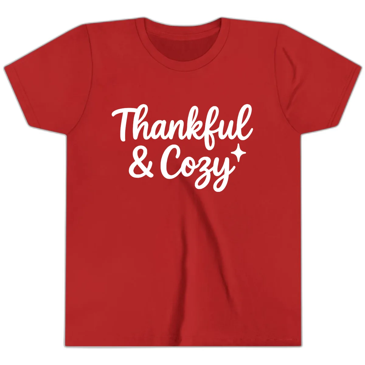 Thankful And Cozy Script Design Youth T-Shirt in Red