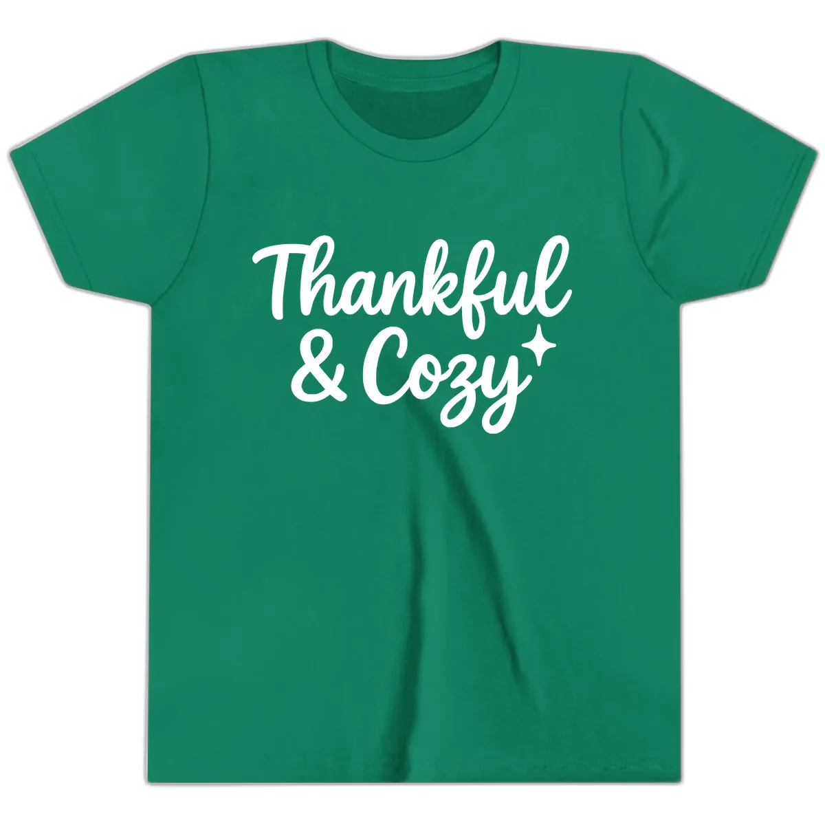 Thankful And Cozy Script Design Youth T-Shirt in Kelly