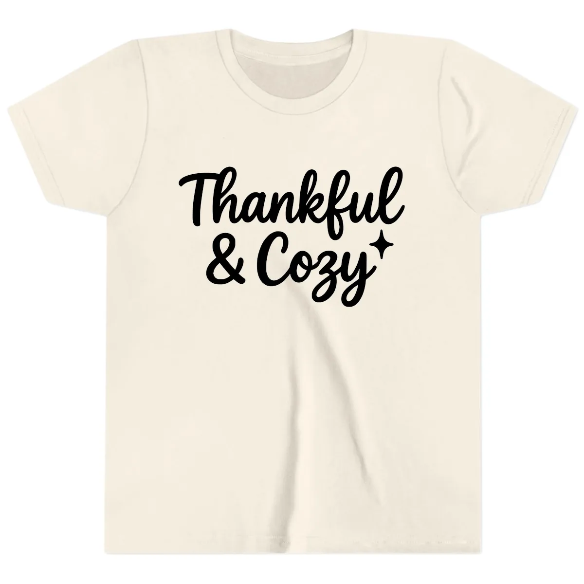 Thankful And Cozy Script Design Youth T-Shirt in Natural