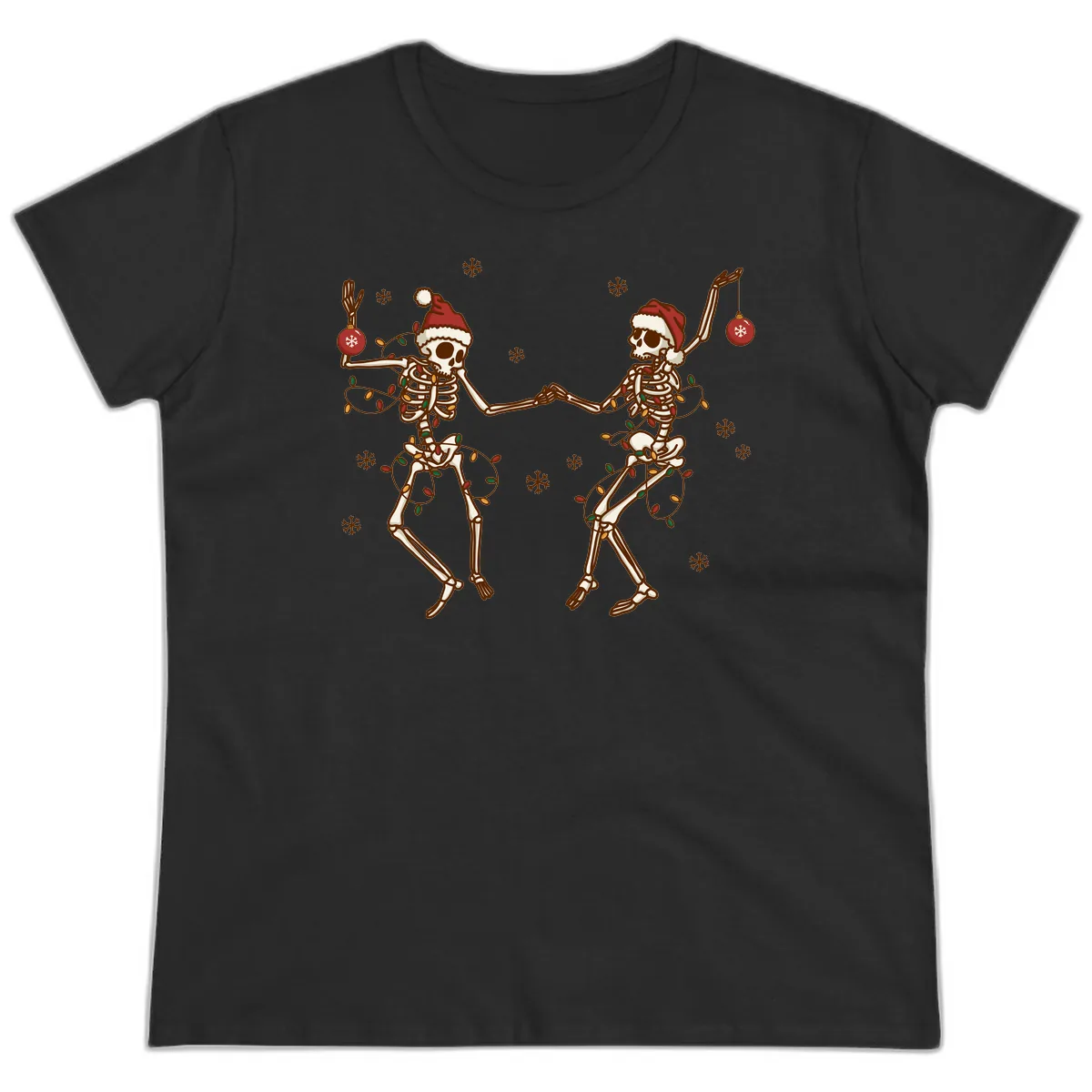 Dancing Skeletons Christmas Lights Ladies Tee in Black