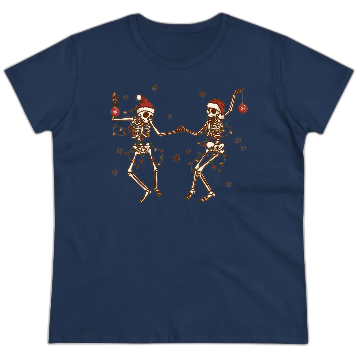 Dancing Skeletons Christmas Lights Ladies Tee in Navy