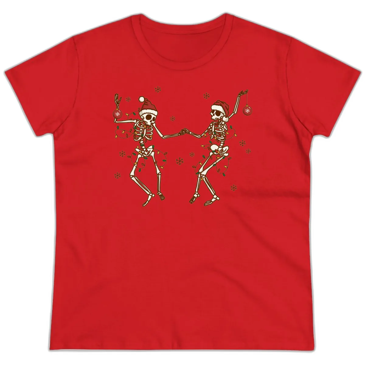 Dancing Skeletons Christmas Lights Ladies Tee in Red