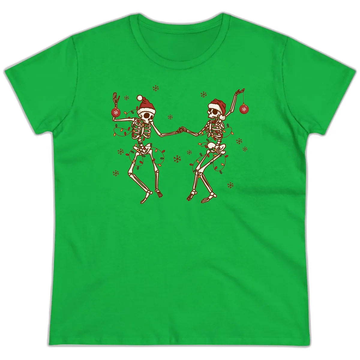 Dancing Skeletons Christmas Lights Ladies Tee in Irish Green
