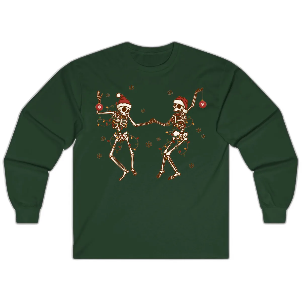 Dancing Skeletons Christmas Lights Long Sleeve in Forest Green