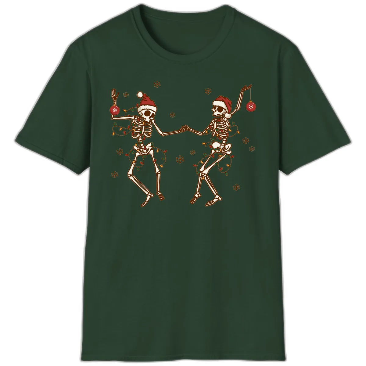 Dancing Skeletons Christmas Lights T-Shirt in Forest Green