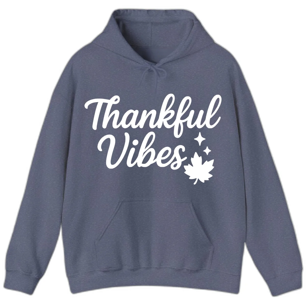 Thankful Vibes Fall Leaf Graphic Hoodie in Heather Navy