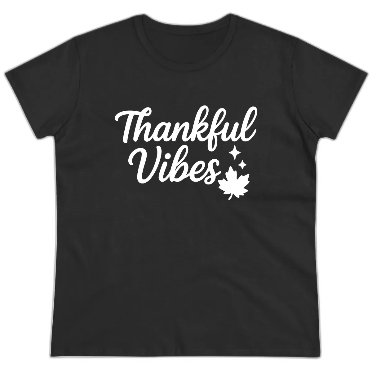 Thankful Vibes Fall Leaf Graphic Ladies Tee in Black