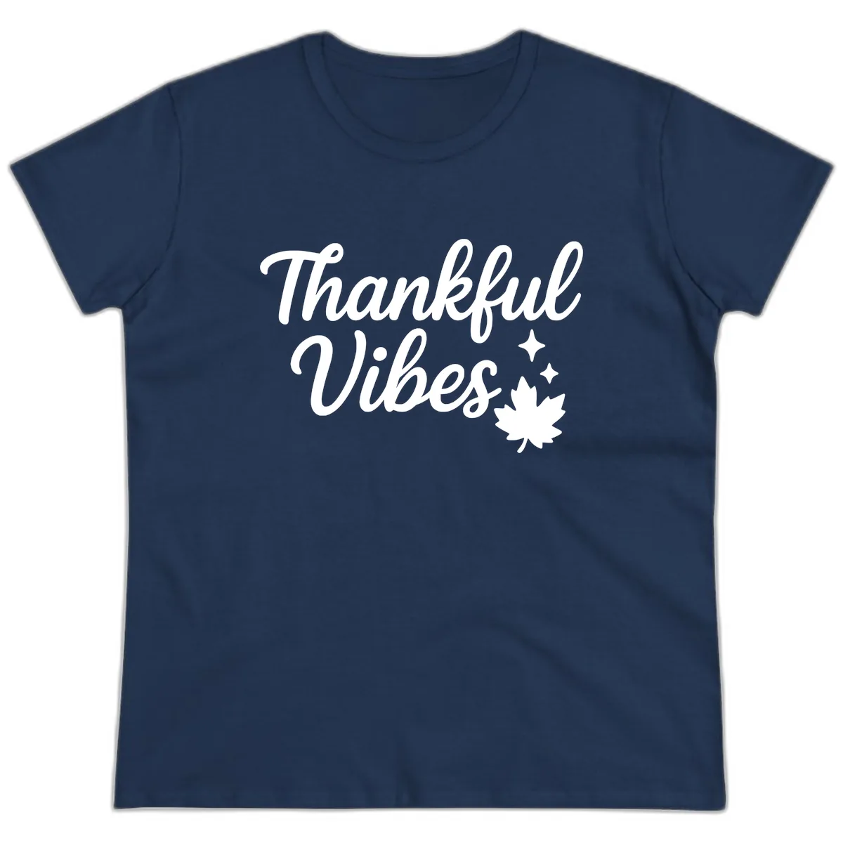 Thankful Vibes Fall Leaf Graphic Ladies Tee in Navy
