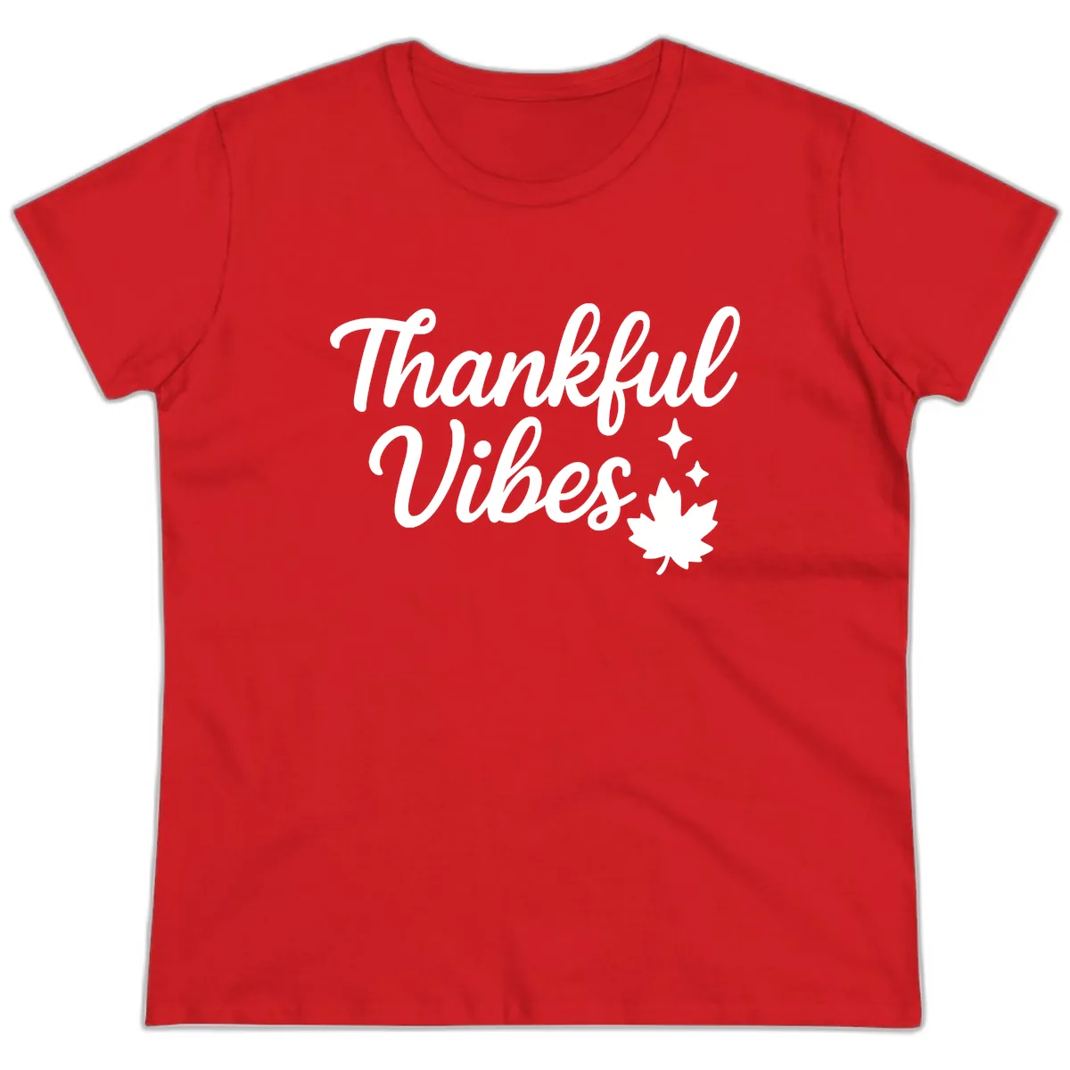 Thankful Vibes Fall Leaf Graphic Ladies Tee in Red