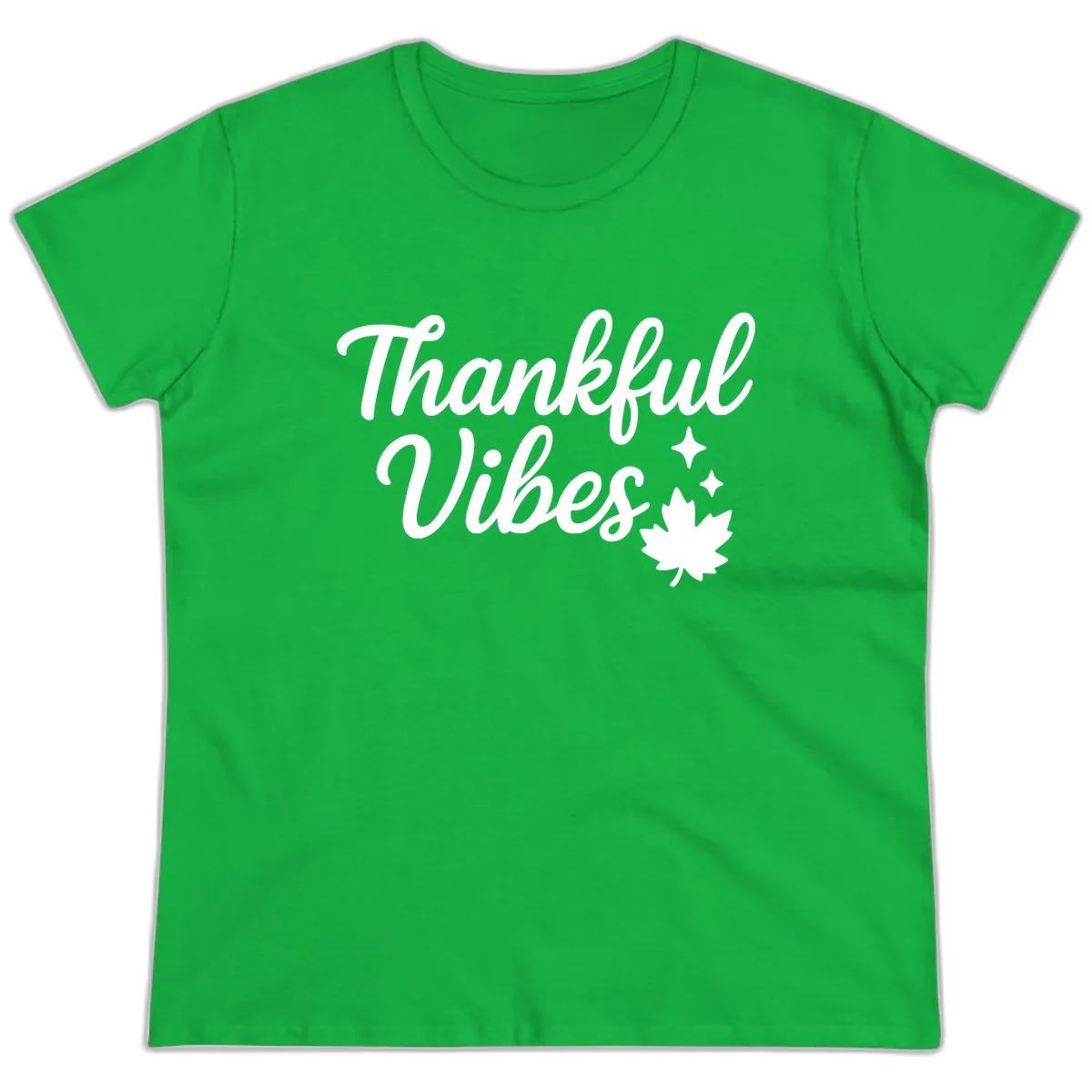 Thankful Vibes Fall Leaf Graphic Ladies Tee in Irish Green